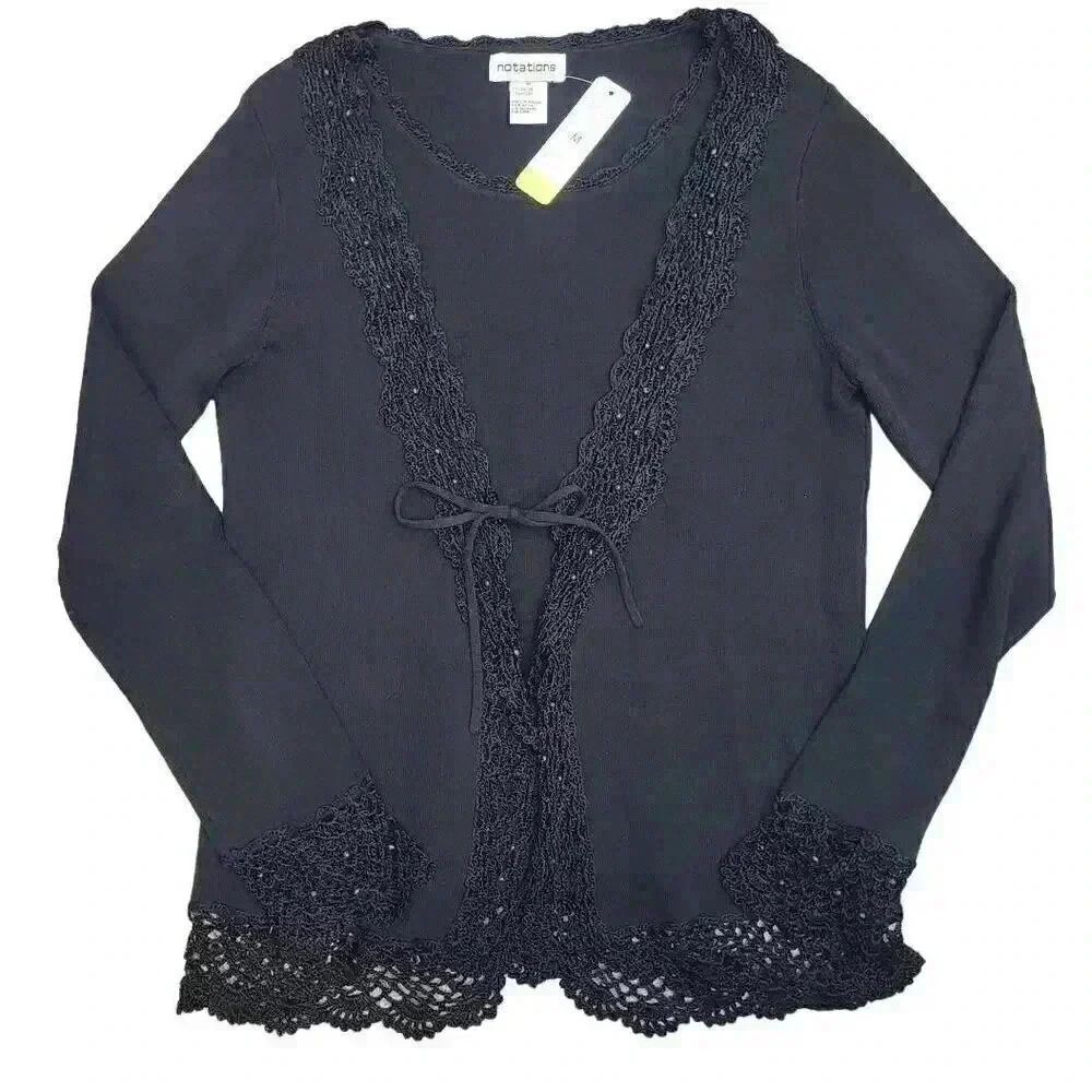 Notations Women's Black Rayon/Nylon Knit Top w Attached Cardigan & Crocheted Lac